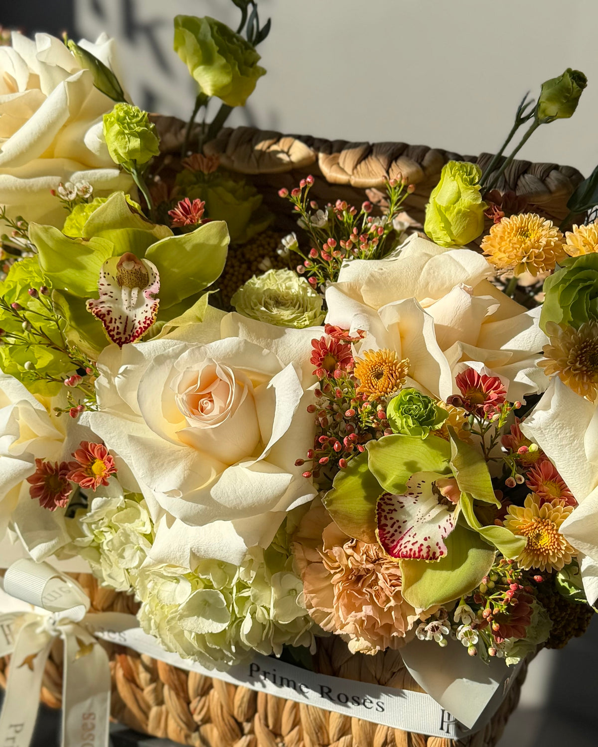 Elegant Ivory & Lime Green Luxury Flower Basket Arrangement