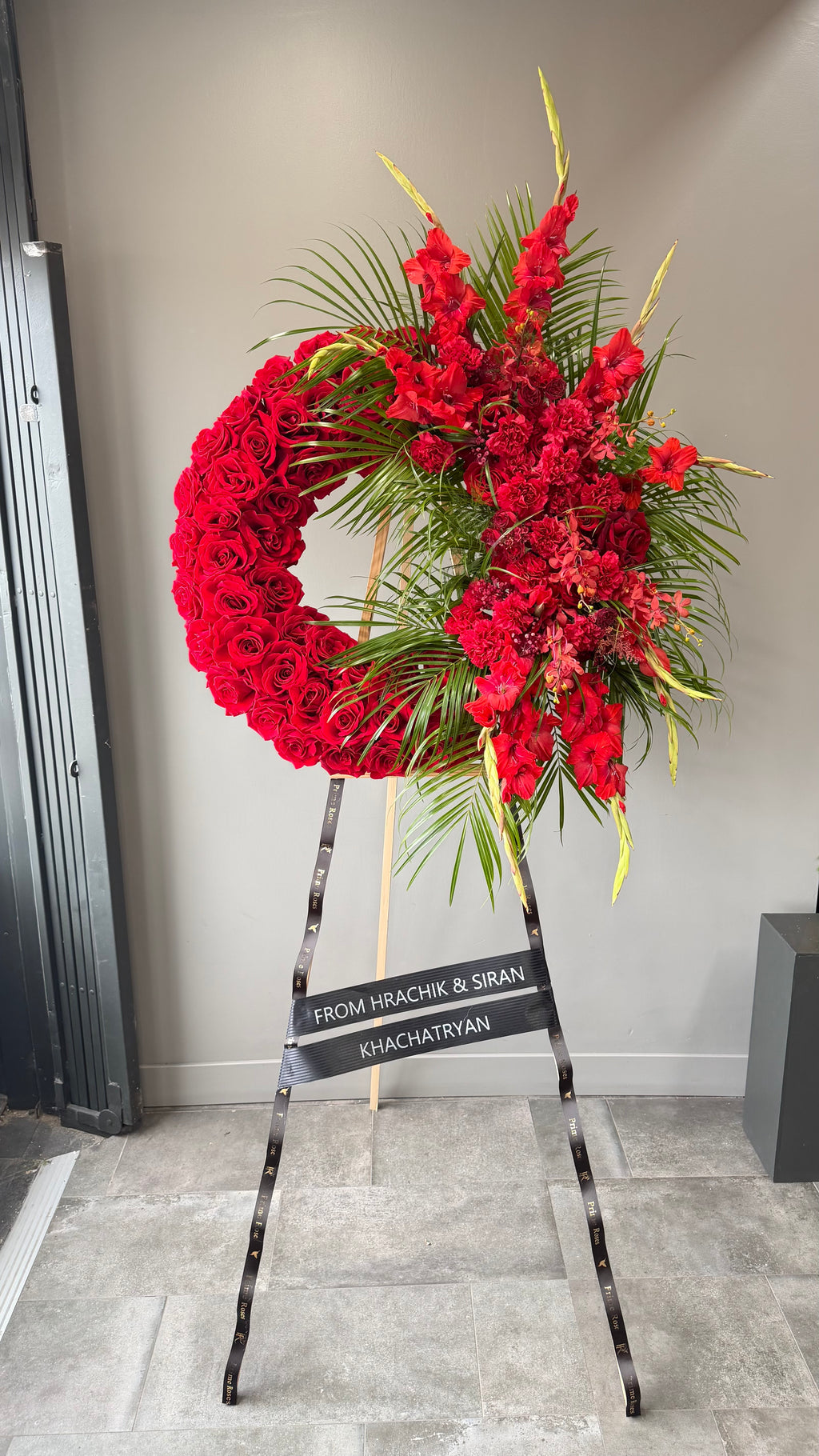 Red Rose Funeral Wreath with Tropical Flowers