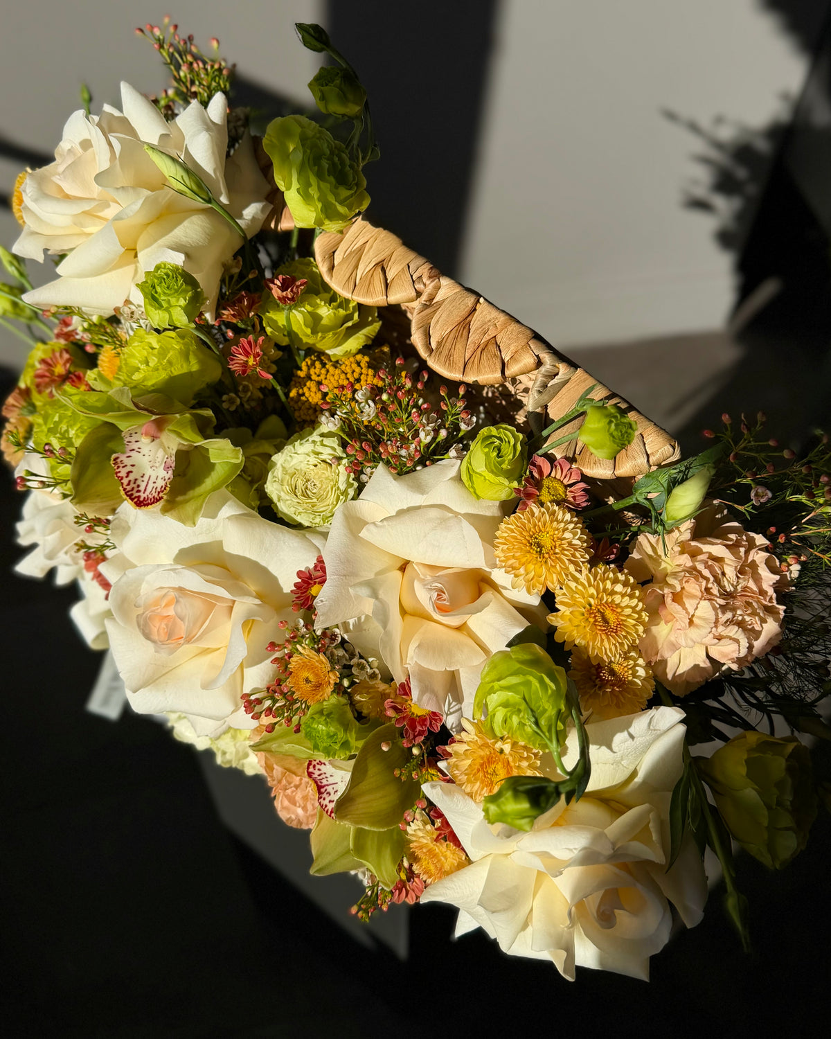 Elegant Ivory & Lime Green Luxury Flower Basket Arrangement