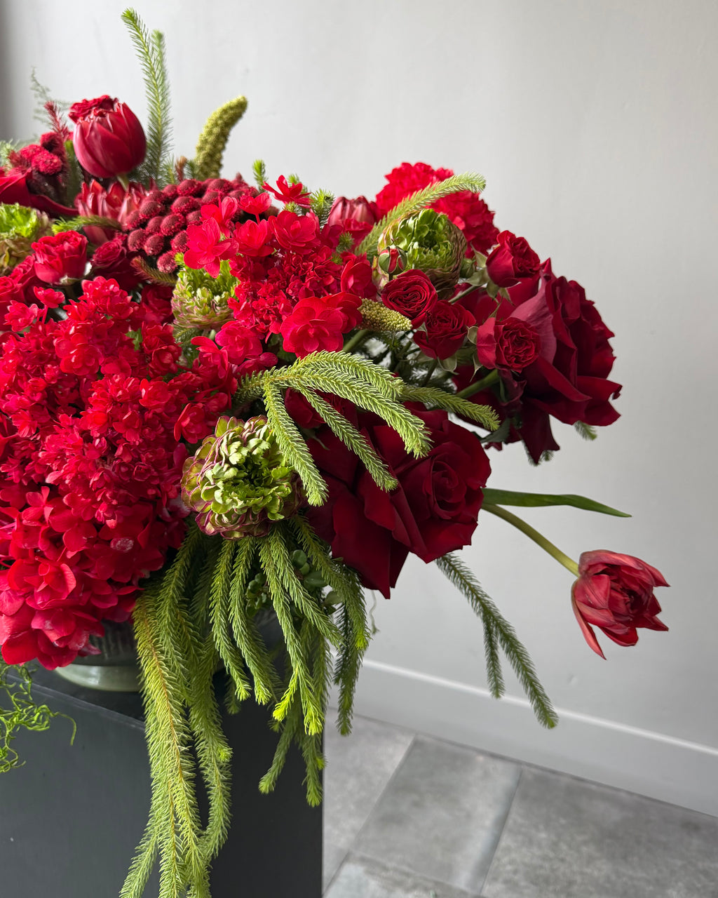 Luxury Red Rose & Crimson Hydrangea Floral Arrangement
