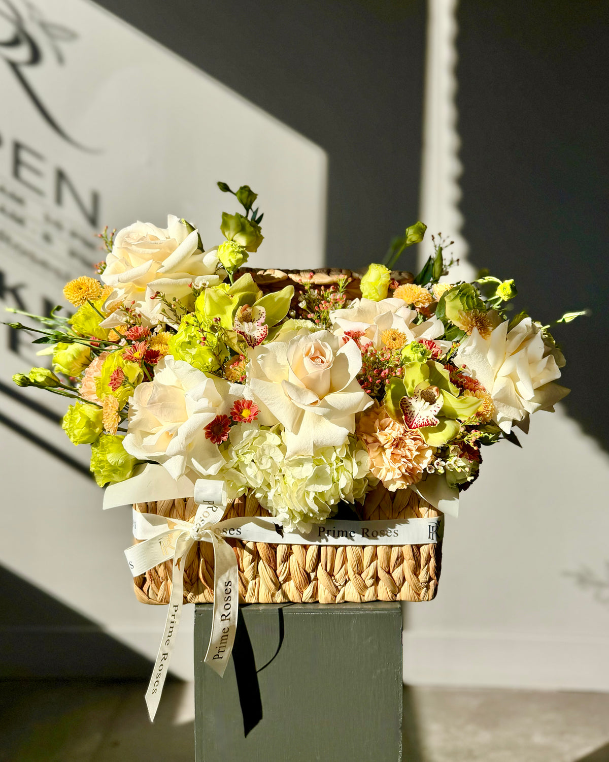 Elegant Ivory & Lime Green Luxury Flower Basket Arrangement