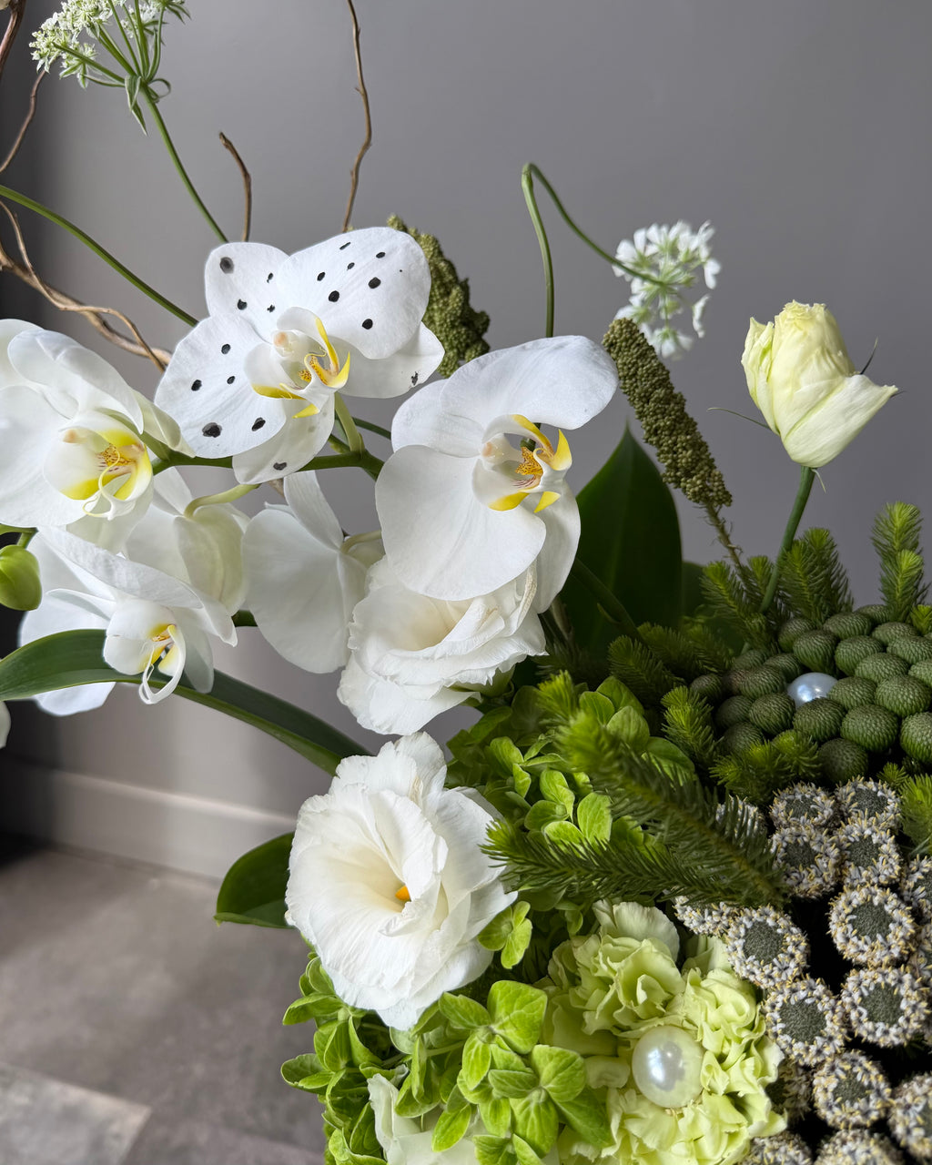Luxury White Orchid & Lime Green Hydrangea Floral Arrangement
