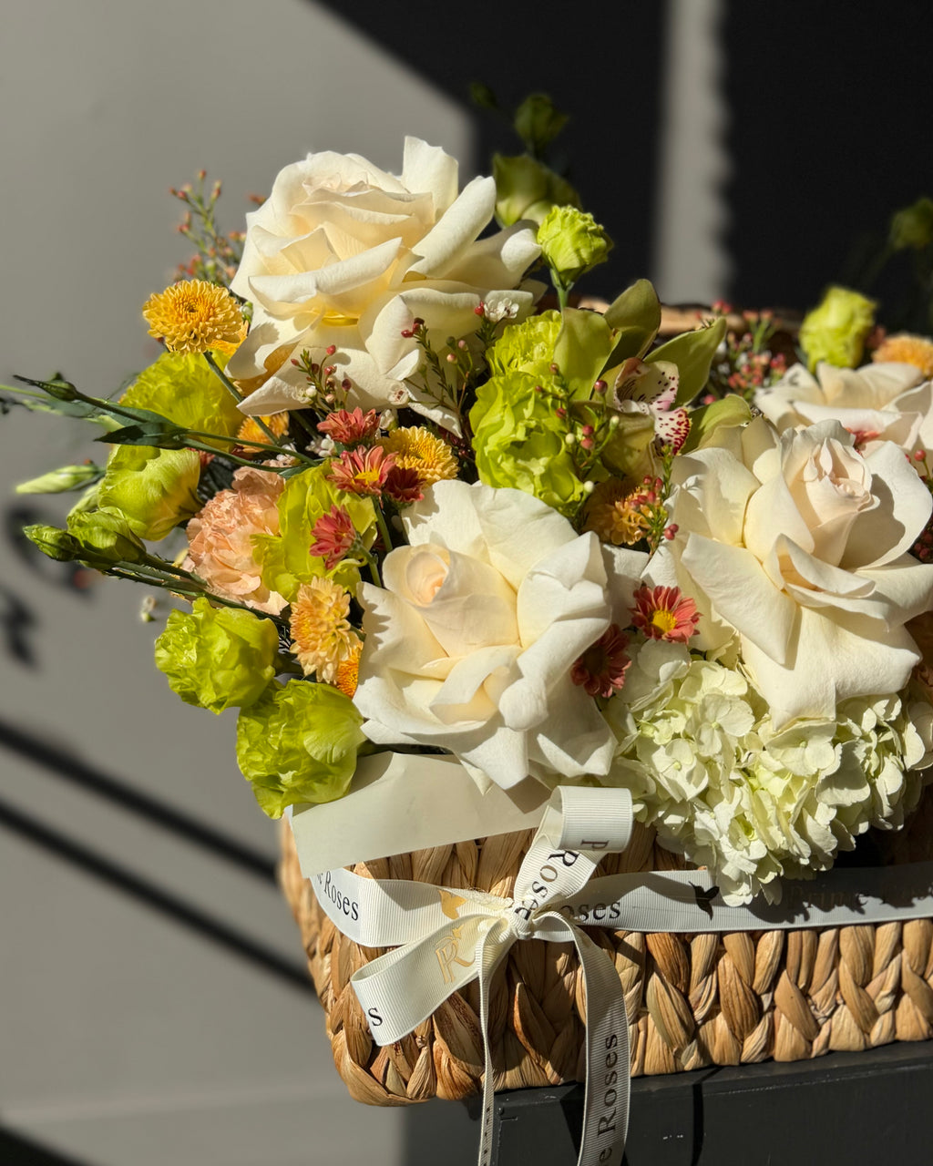 Elegant Ivory & Lime Green Luxury Flower Basket Arrangement