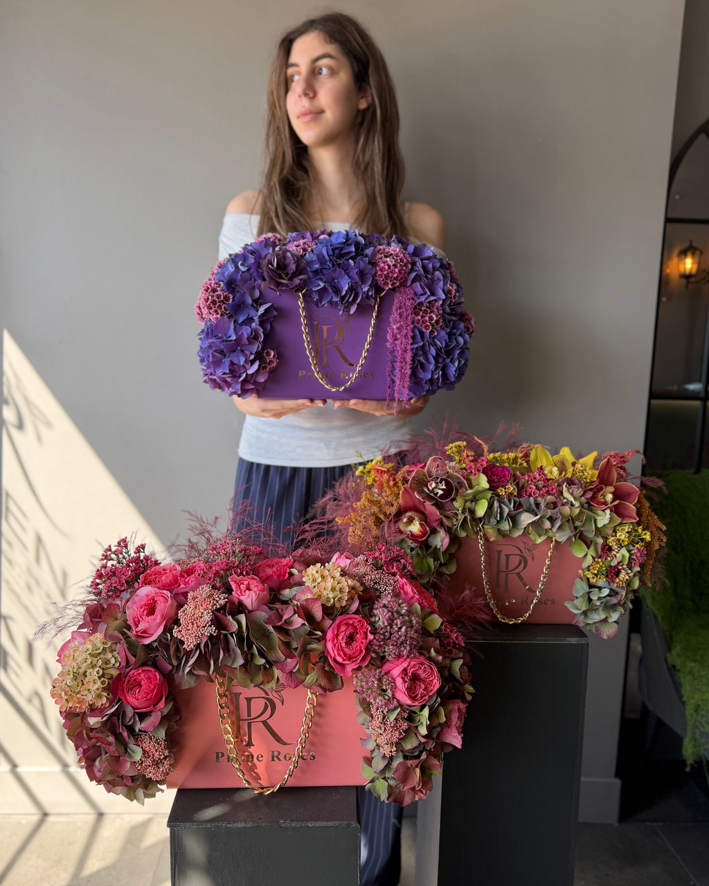 Prime Roses Luxury Flower Handbag – Burgundy & Exotic Orchid Collection