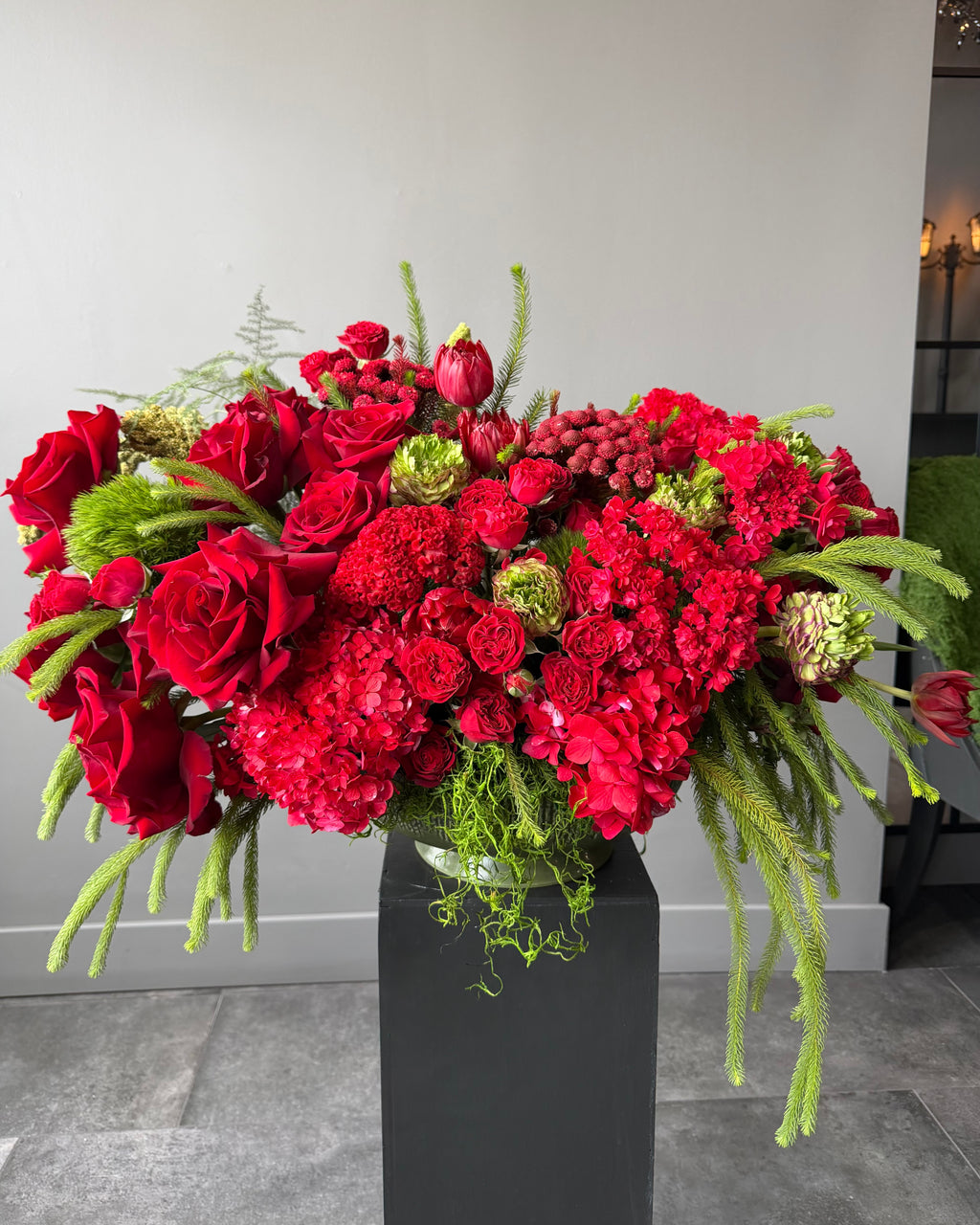 Luxury Red Rose & Crimson Hydrangea Floral Arrangement