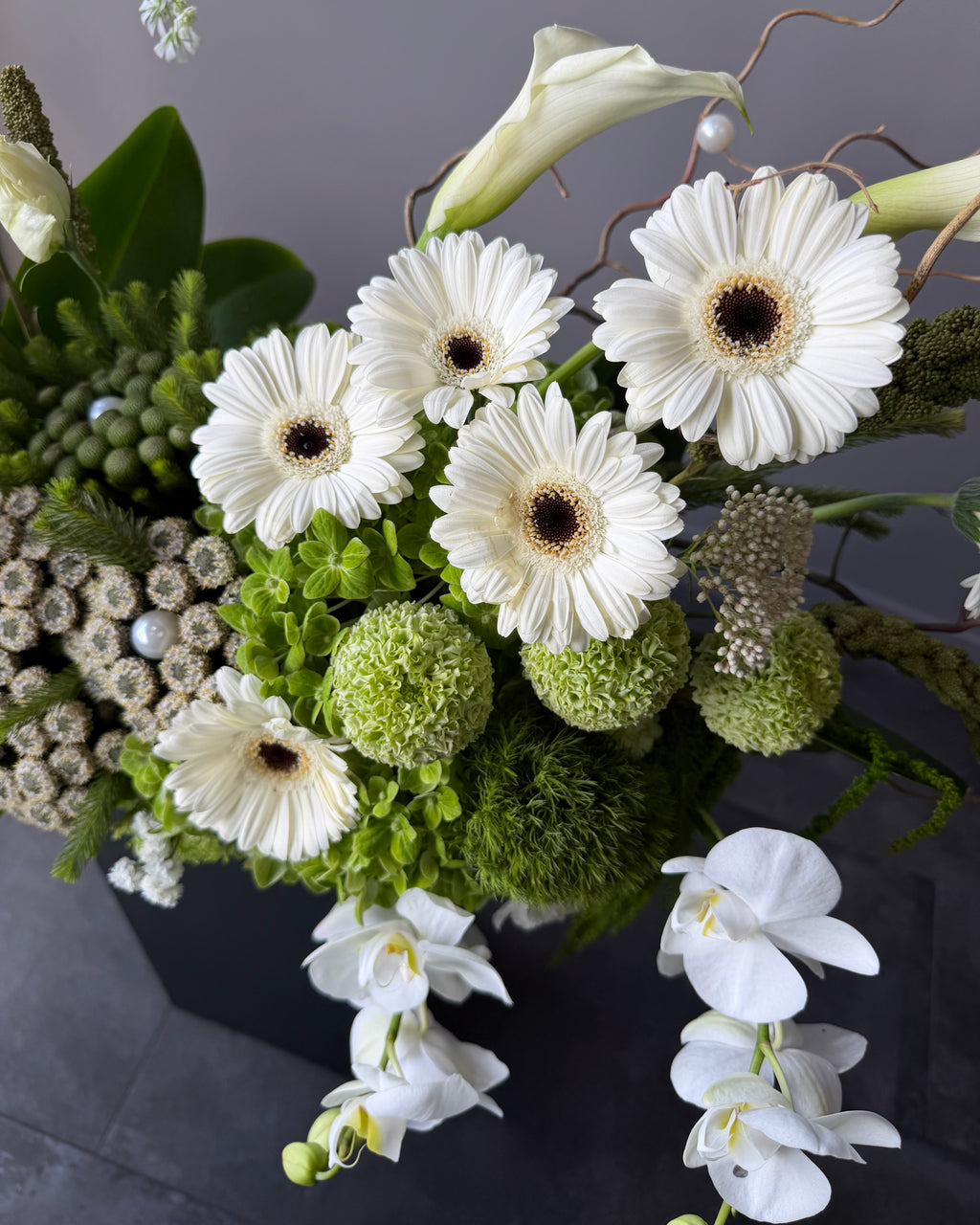 Luxury White Orchid & Lime Green Hydrangea Floral Arrangement
