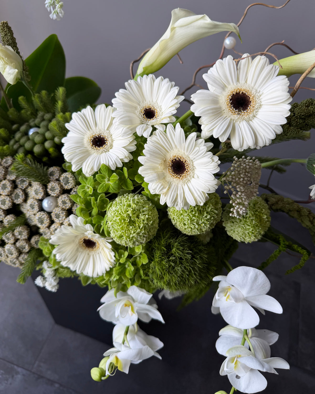 Luxury White Orchid & Lime Green Hydrangea Floral Arrangement