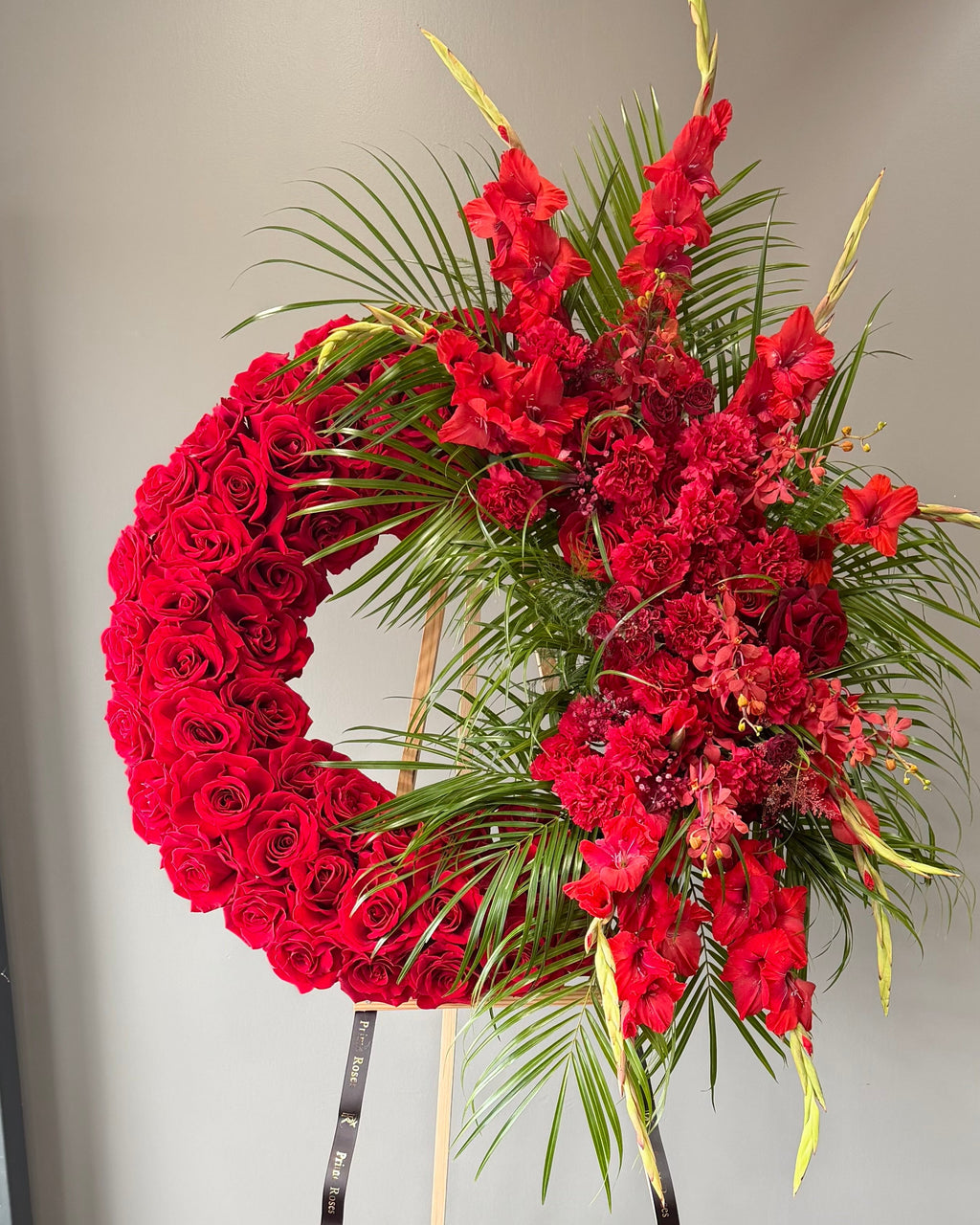 Red Rose Funeral Wreath with Tropical Flowers