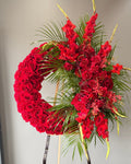 Red Rose Funeral Wreath with Tropical Flowers