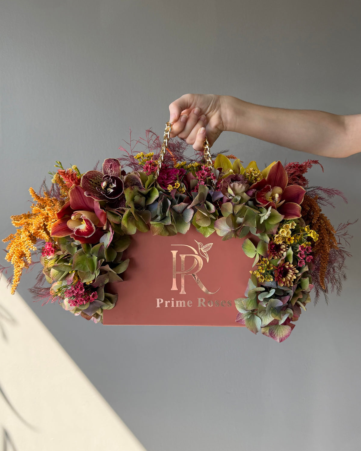 Prime Roses Luxury Flower Handbag – Burgundy & Exotic Orchid Collection