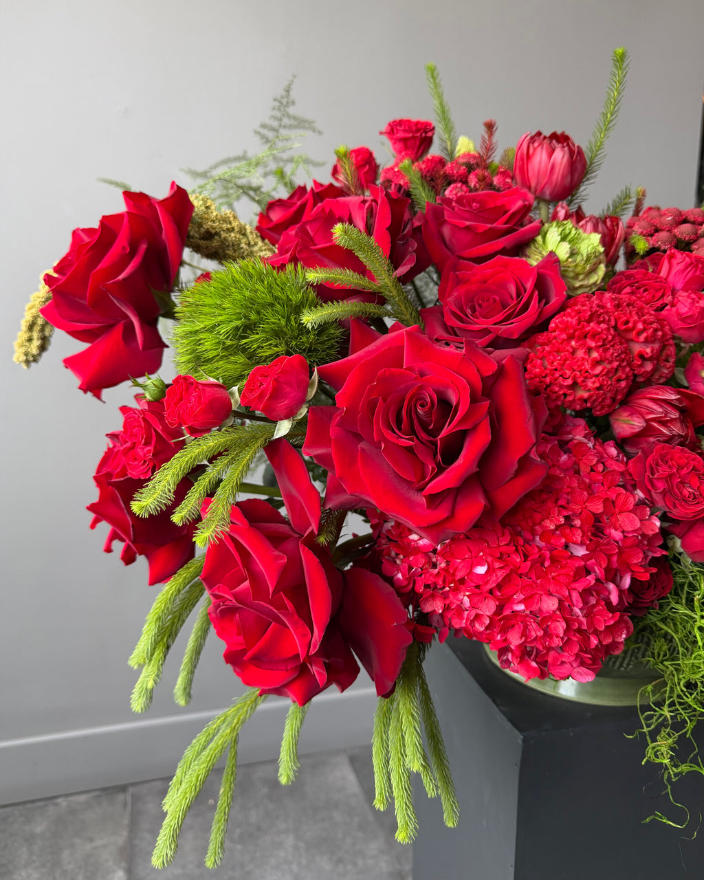 Luxury Red Rose & Crimson Hydrangea Floral Arrangement