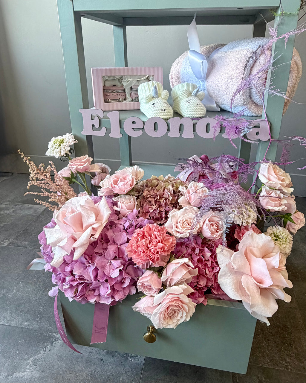 Welcome Little One – Custom Baby Floral Gift Display
