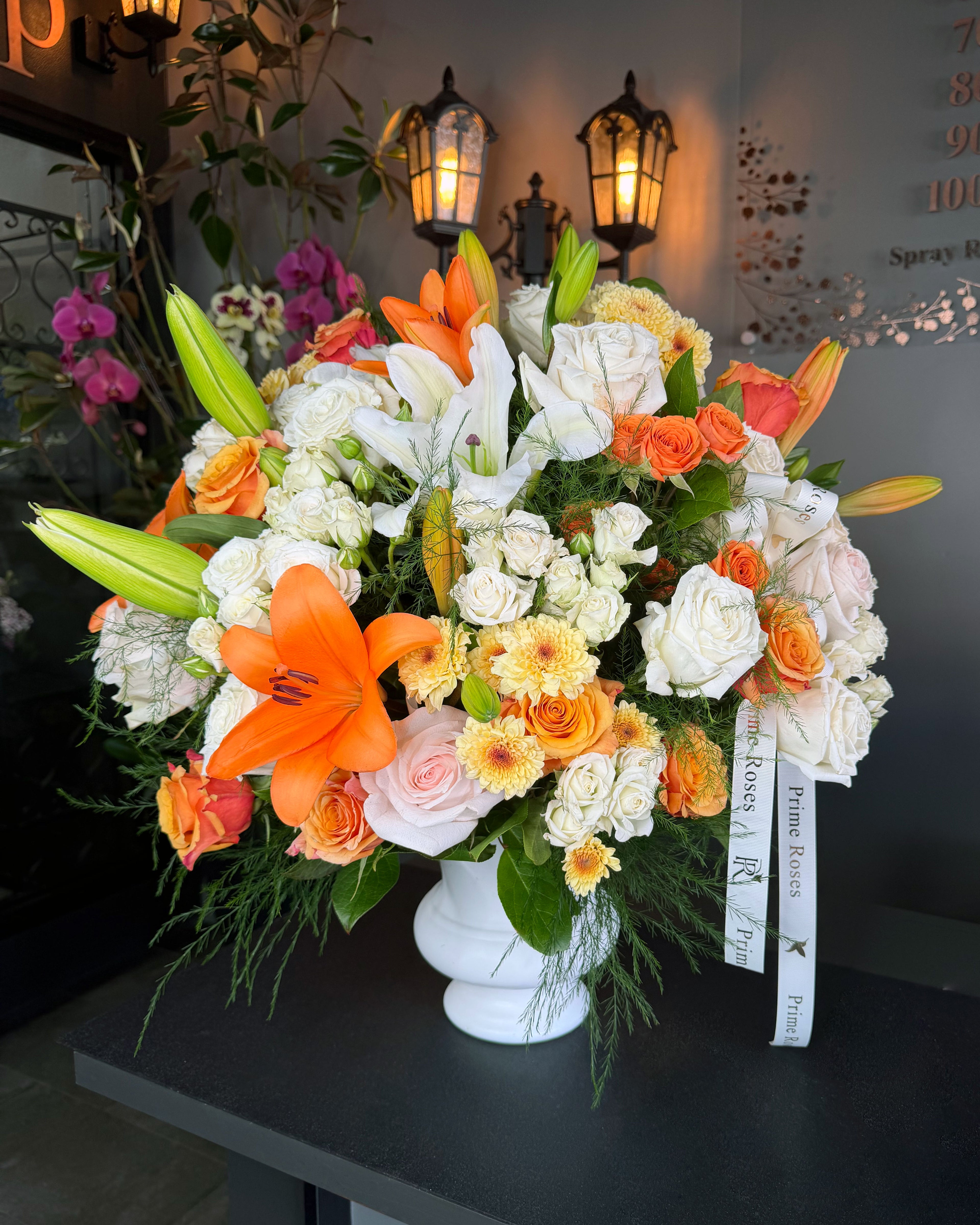 Orange Lily & White Rose Arrangement