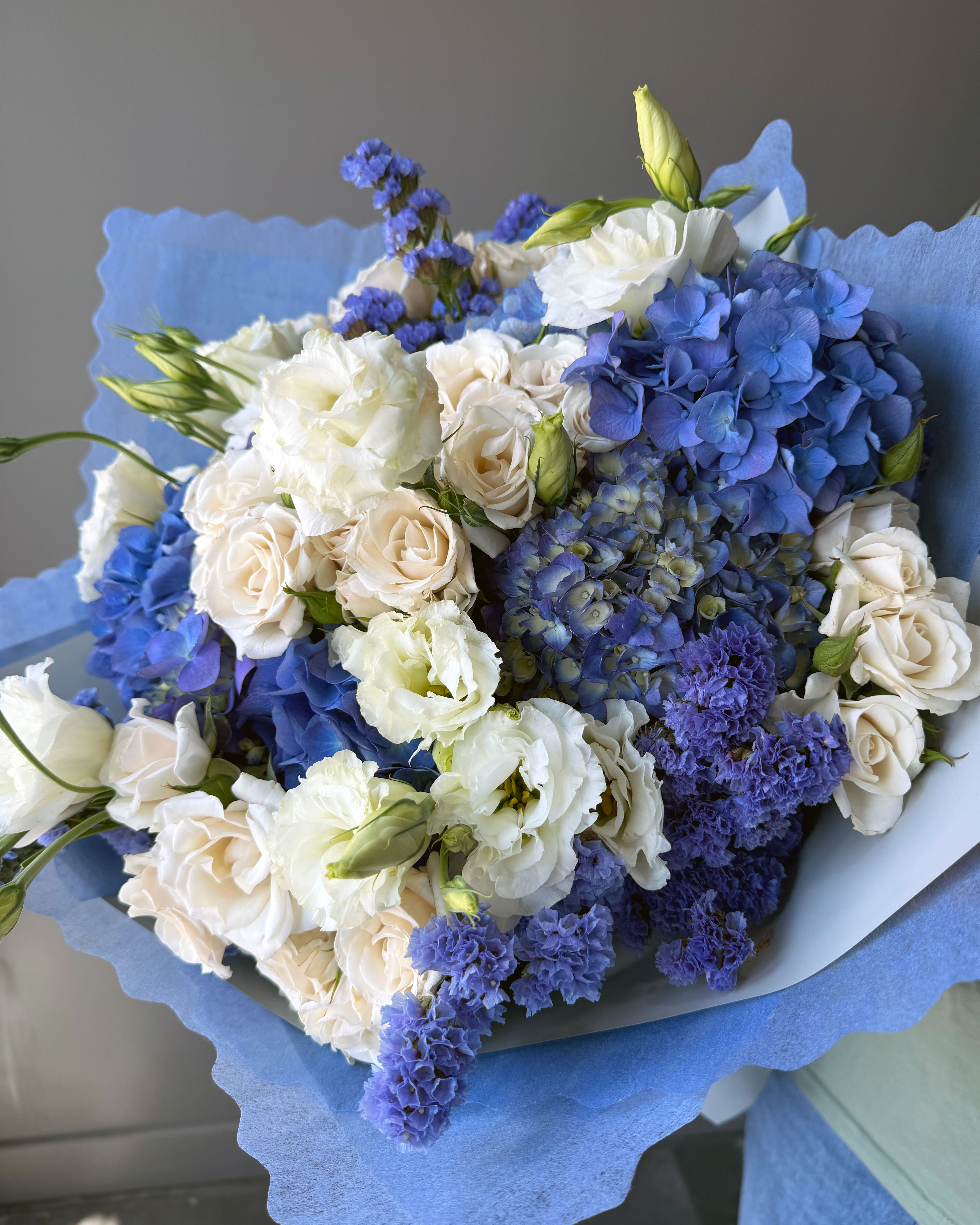 Blue Hydrangea & White Rose Luxury Bouquet