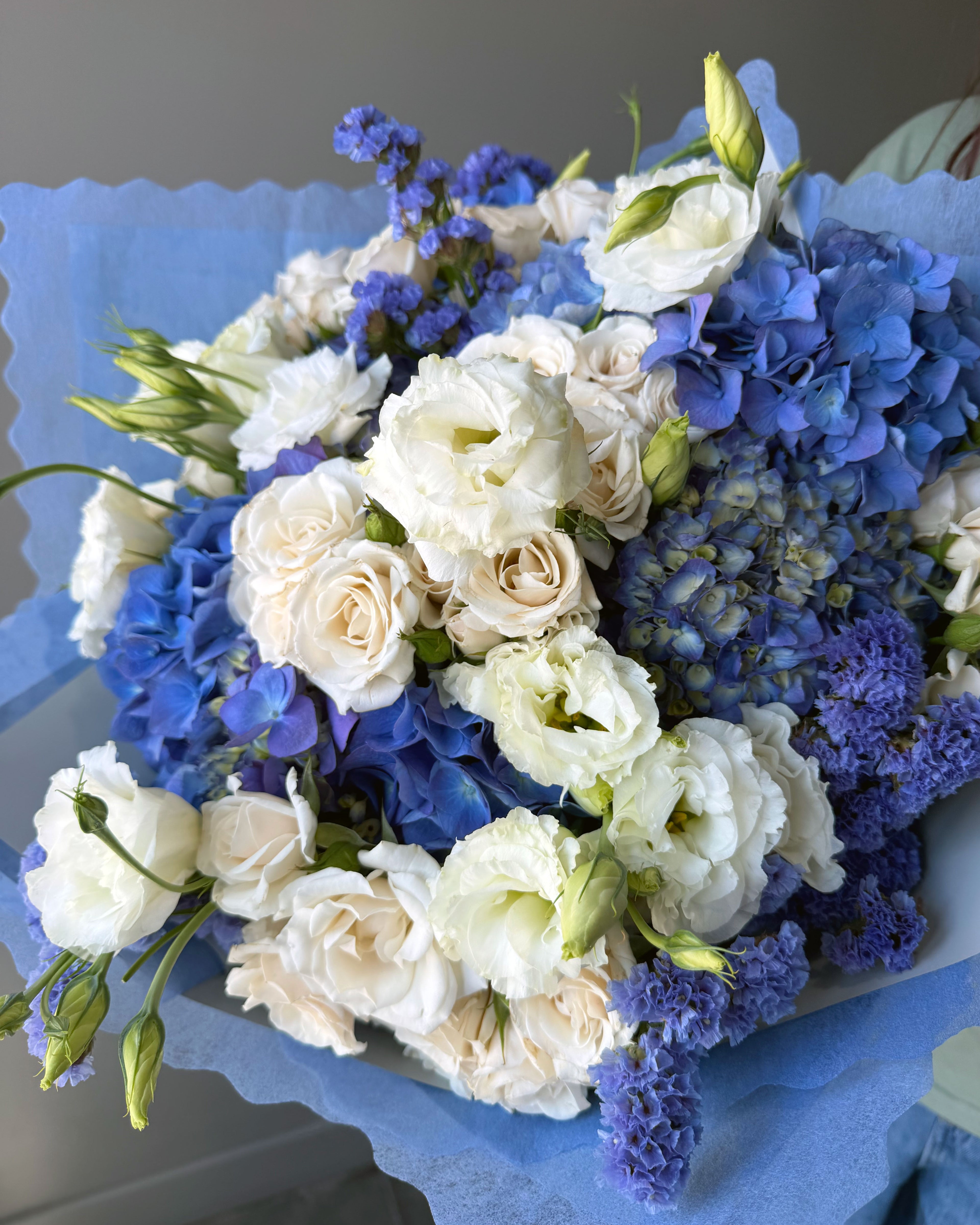 Blue Hydrangea & White Rose Luxury Bouquet
