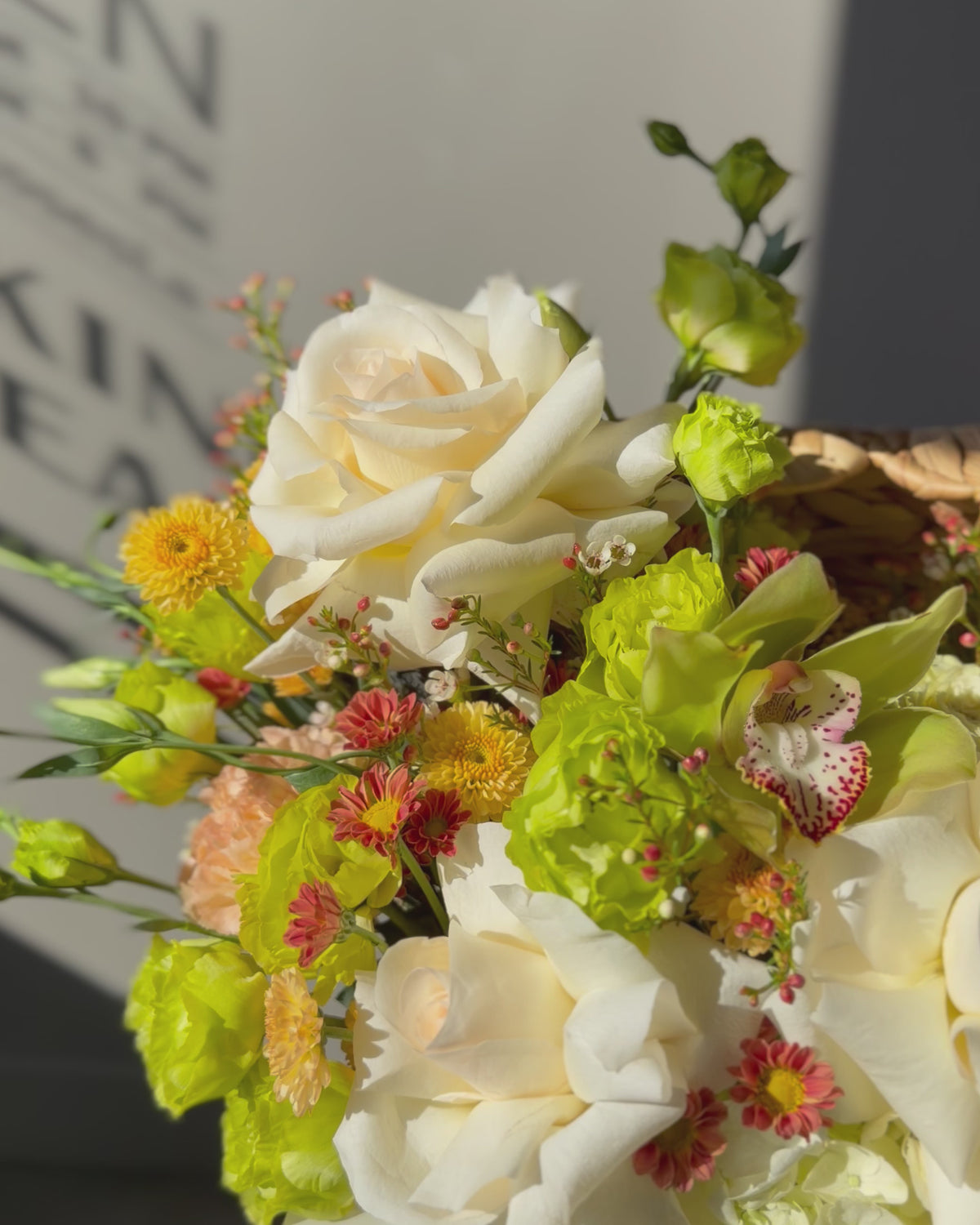 Elegant Ivory & Lime Green Luxury Flower Basket Arrangement